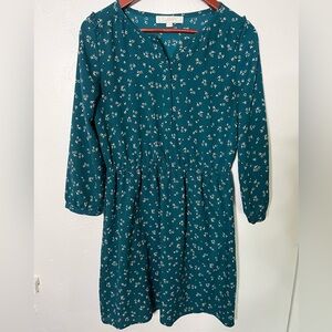 LOFT Teal Floral Long Sleeve‎ Mini Dress Medium Petite